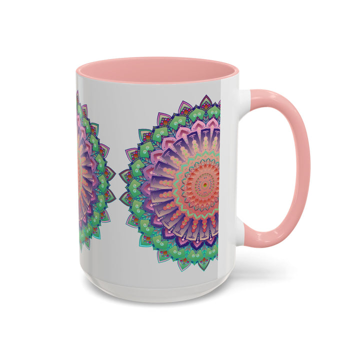 A vibrant and intricate mandala art mug featuring a colorful floral design