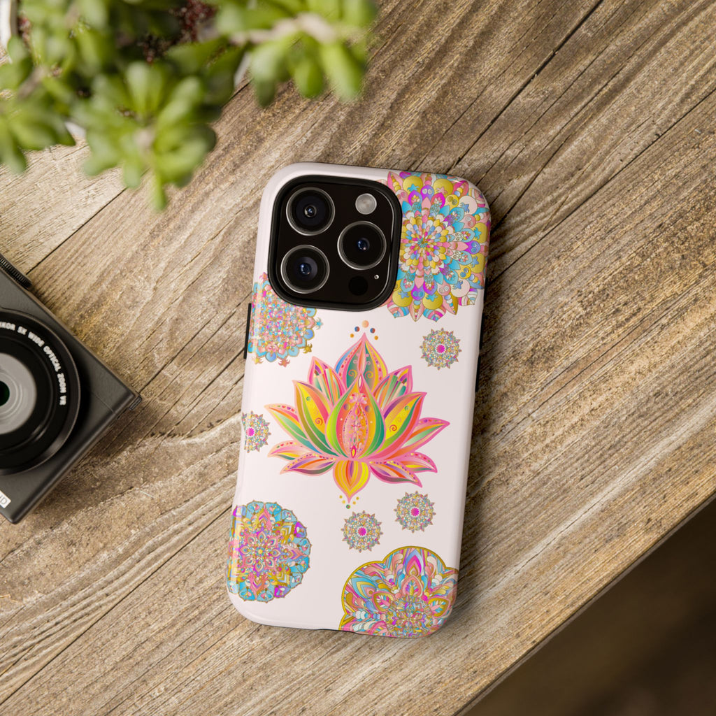 Light pink phone case featuring a beautiful mandala design with lotus flowers