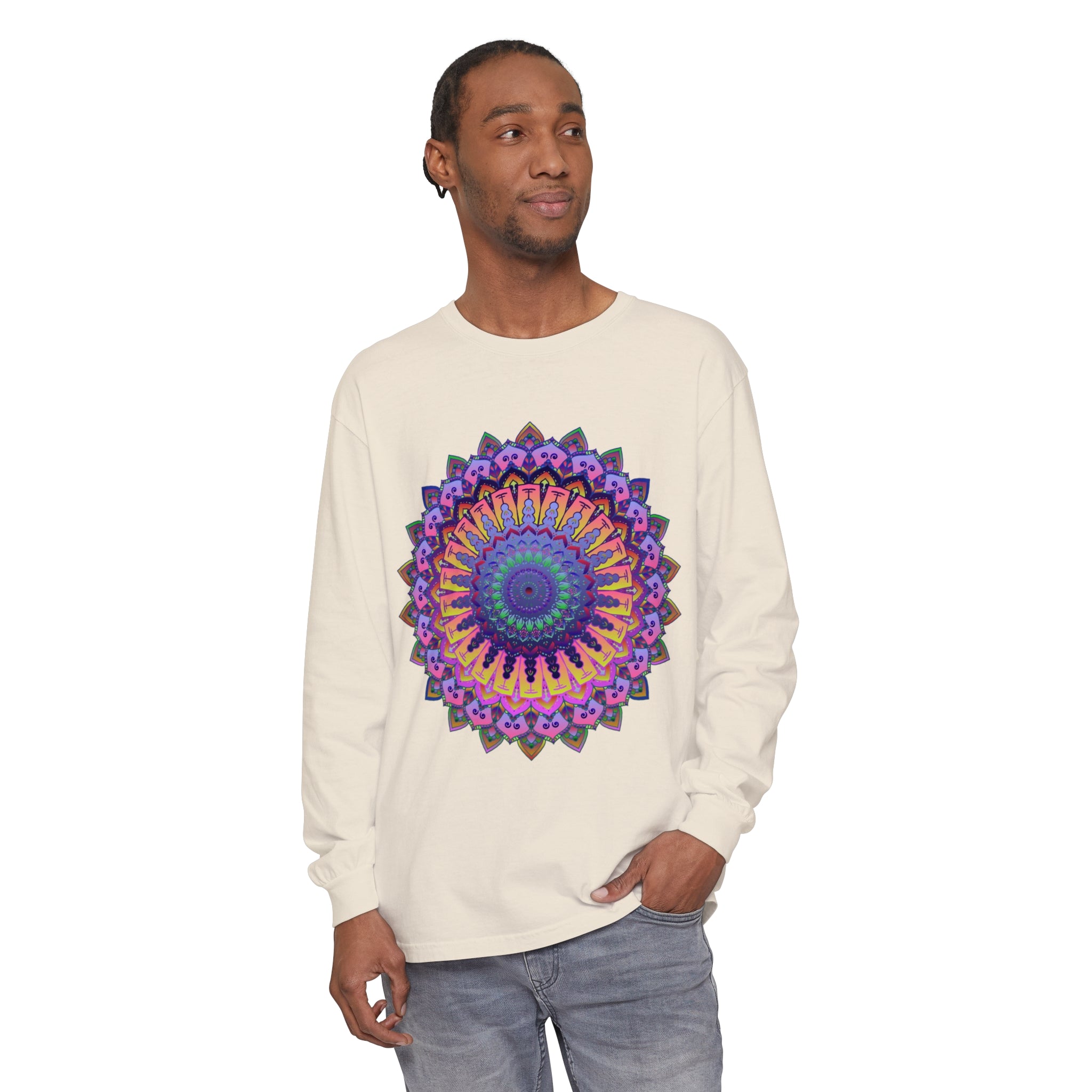 Intricate Mandala Unisex Long Sleeve T-Shirt in vibrant colors and intricate design