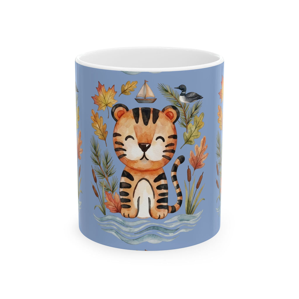 Tiger & Autumn Leaves Ceramic Mug — Cute Watercolor Tiger Coffee Cup (11oz, 15oz)