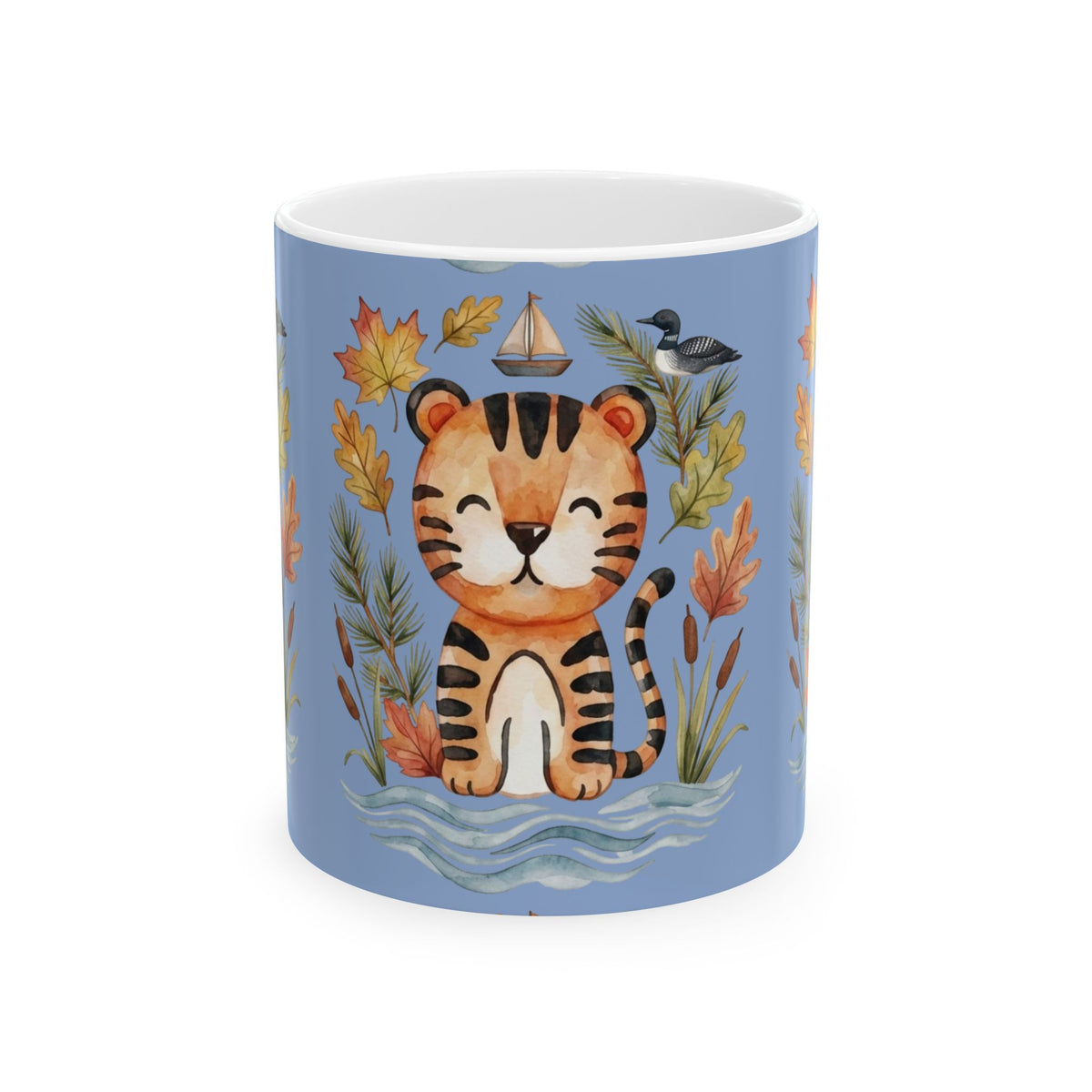 Tiger & Autumn Leaves Ceramic Mug — Cute Watercolor Tiger Coffee Cup (11oz, 15oz)