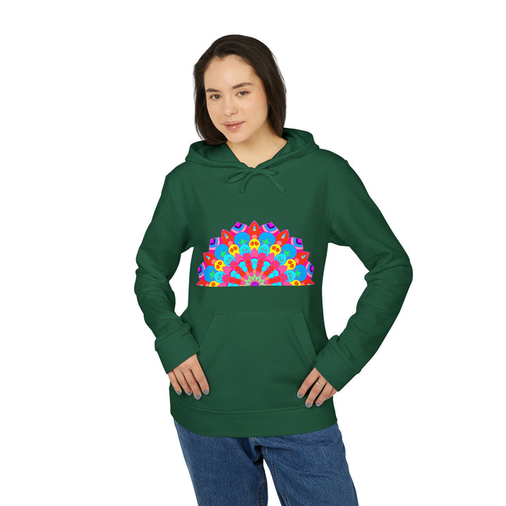 Blululi Adidas Mandala Fleece Hoodie, women's cozy hooded sweatshirt with intricate mandala design in blue and white colors