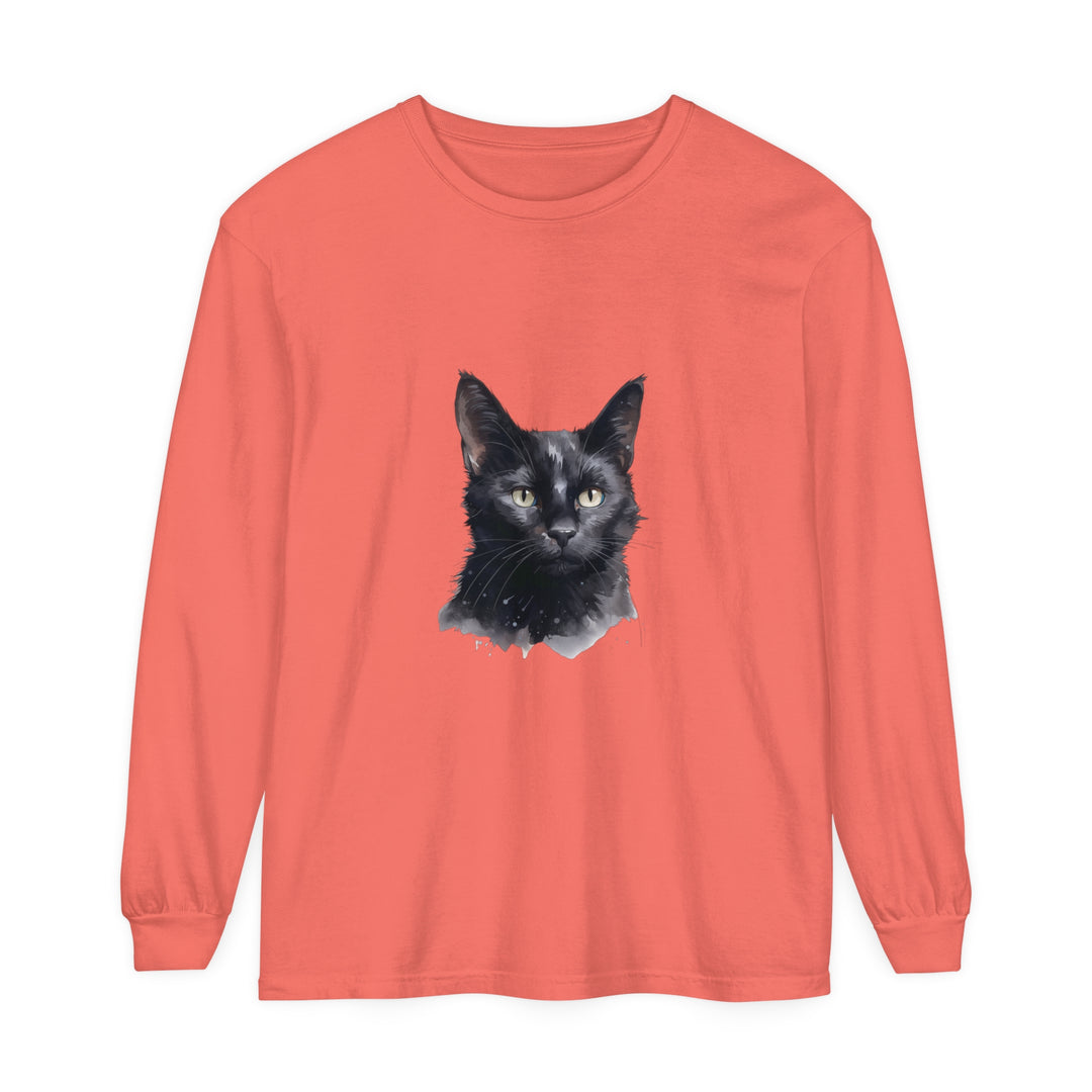 Black Cat Watercolor Long Sleeve T-Shirt - Unisex graphic tee with stunning watercolor design of a black cat