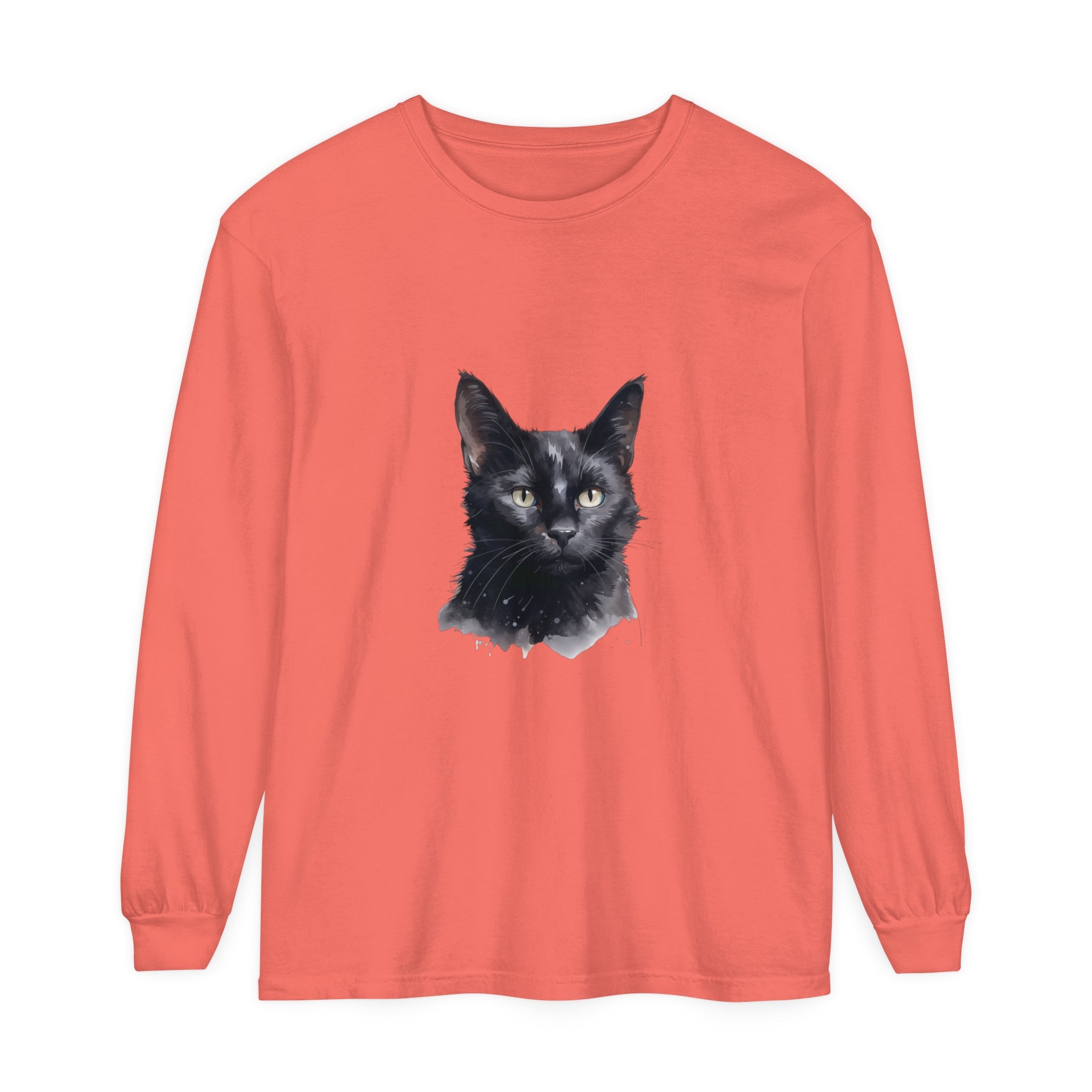 Black Cat Watercolor Long Sleeve T-Shirt - Unisex graphic tee with stunning watercolor design of a black cat