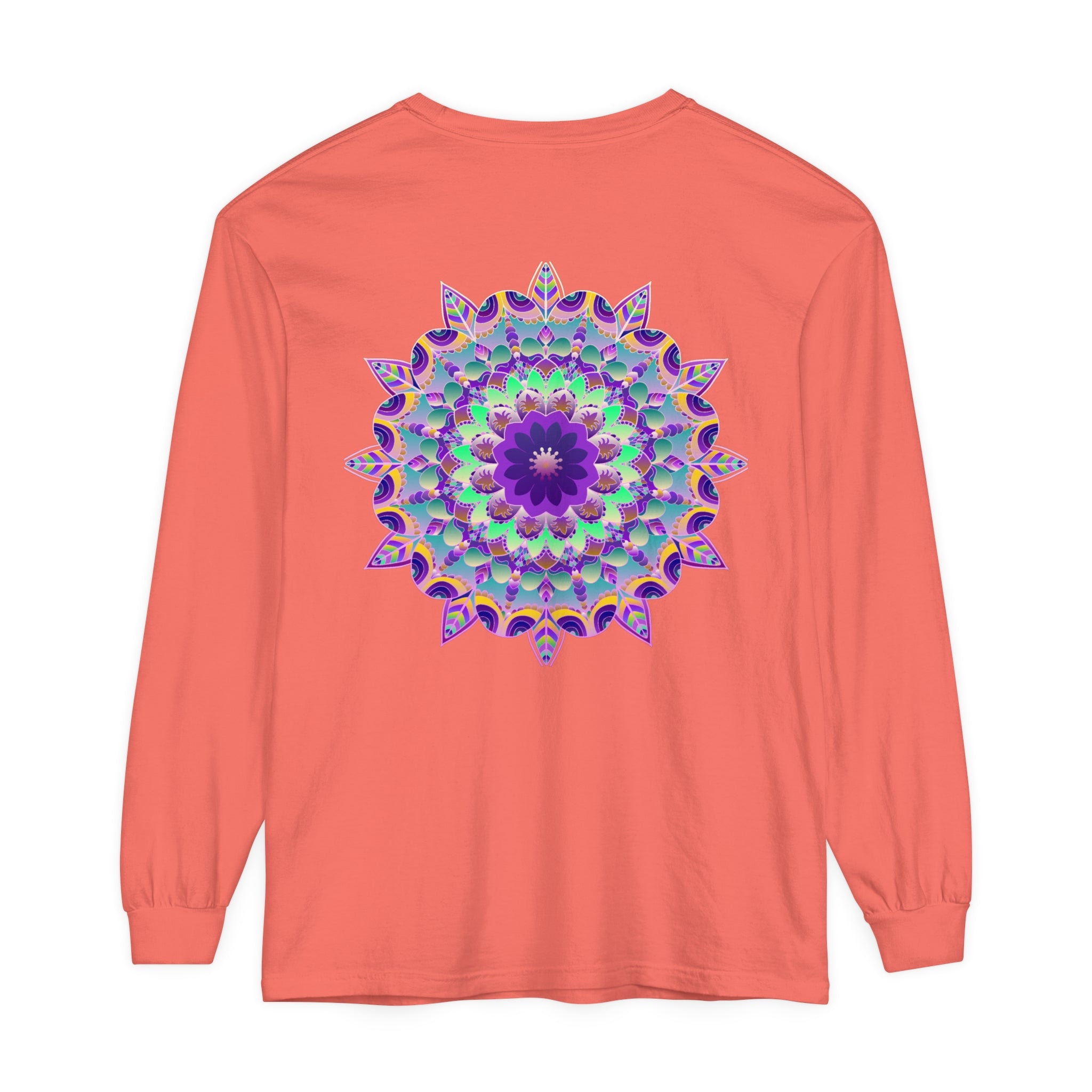 Colorful and intricate mandala design on a long sleeve t-shirt