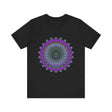 Vibrant purple and green mandala tee with a beautifully intricate design