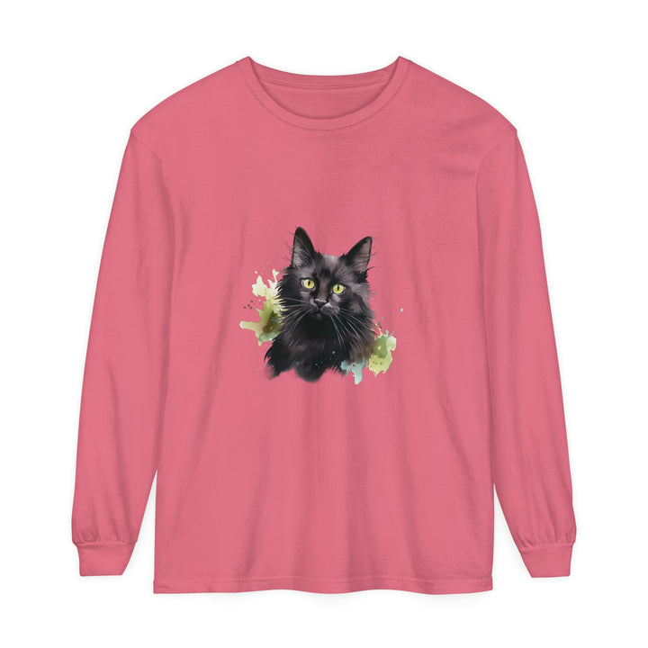 Long sleeve black t-shirt with watercolor splash design featuring a playful black cat