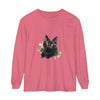 Long sleeve black t-shirt with watercolor splash design featuring a playful black cat