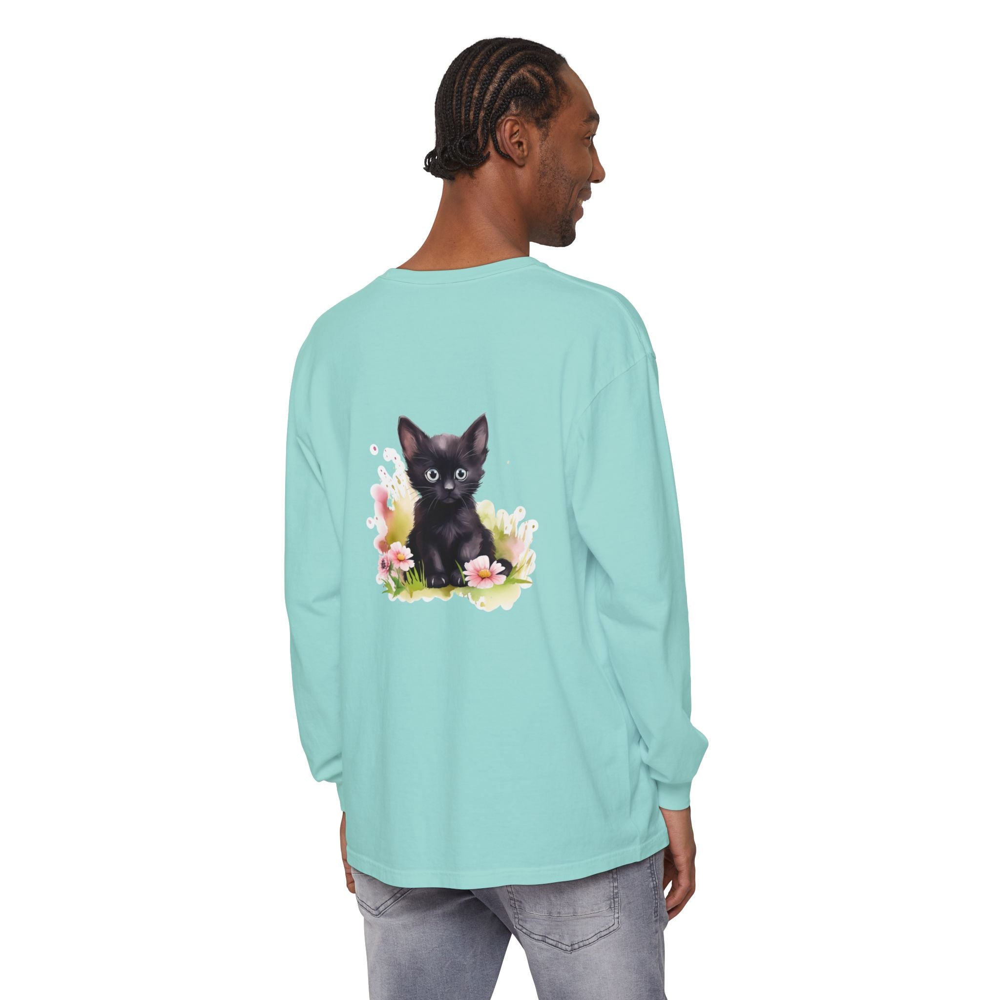 Langarmshirt | Schwarzes Kätzchen & rosa Blumen