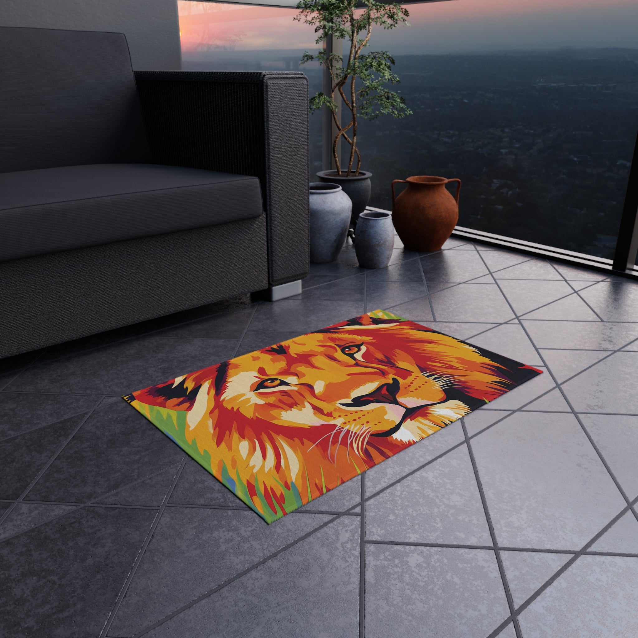 Lion Face Outdoor Rug – Vibrant Wildlife Style for Patio & Porch