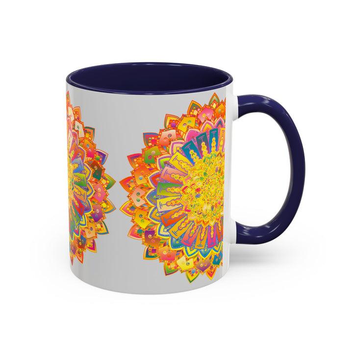 Beautiful and intricate colorful mandala design on a grey ceramic mug