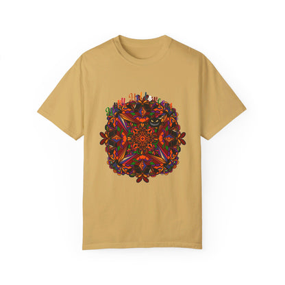 A vibrant Halloween-themed unisex T-shirt featuring a handmade pumpkin mandala design