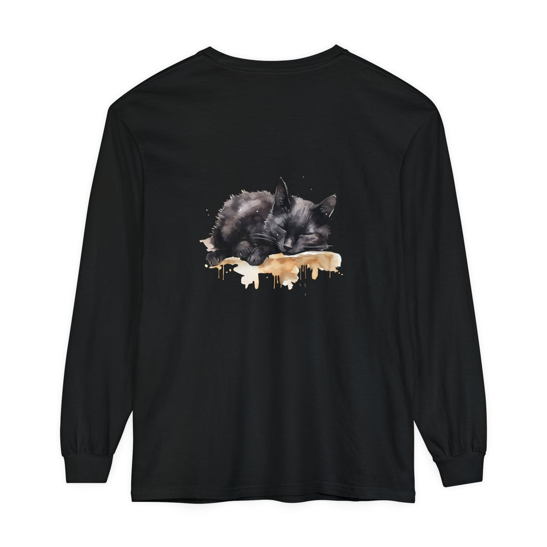 Beautiful watercolor illustration of a sleeping black cat on a t-shirt