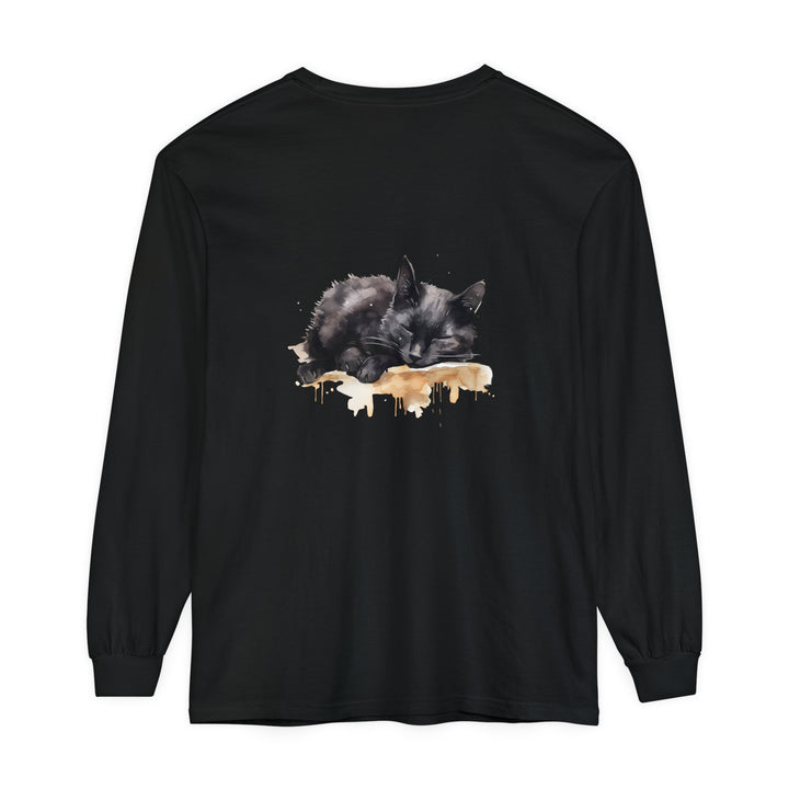 Beautiful watercolor illustration of a sleeping black cat on a t-shirt