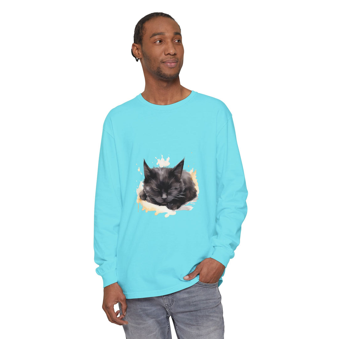 Langarm-T-Shirt mit Aquarellmotiv „Schlafende Katze“