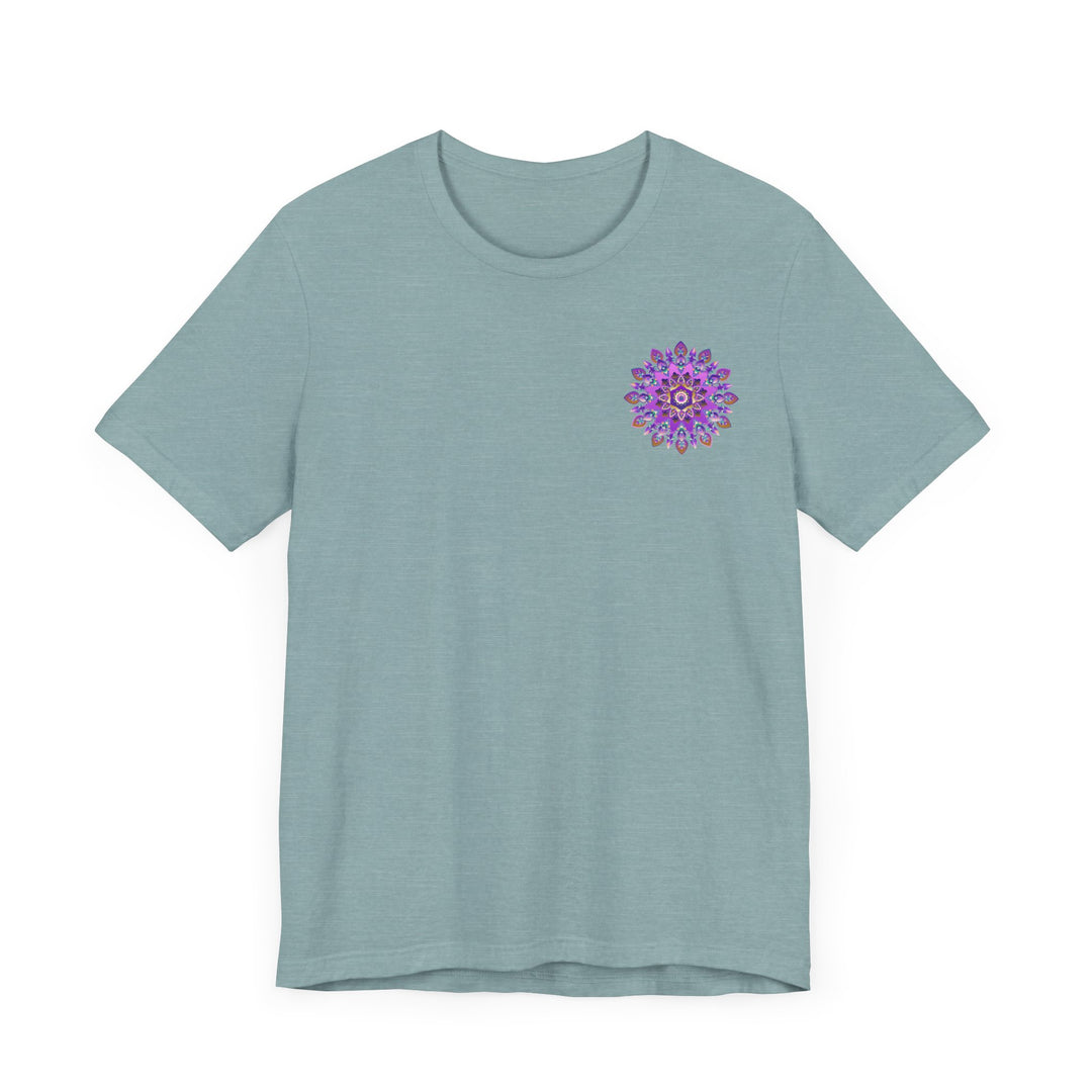 A beautiful purple mandala t-shirt featuring spiritual symbols for peace and harmony