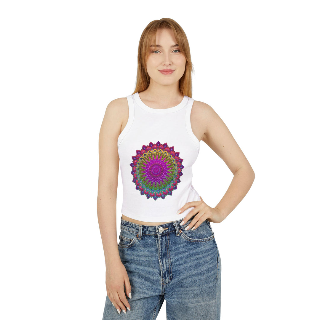 Vibrant Mandala Racerback Tank Top featuring a colorful, intricate mandala design