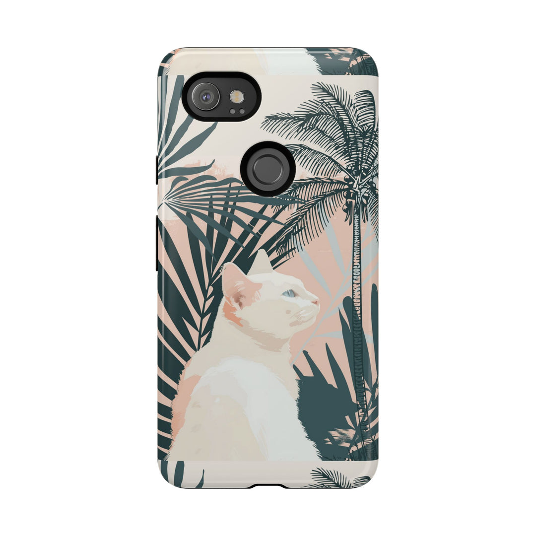 Tropische Katzen-Telefonhülle mit üppigen Palmenmotiven und sanften Pastelltönen