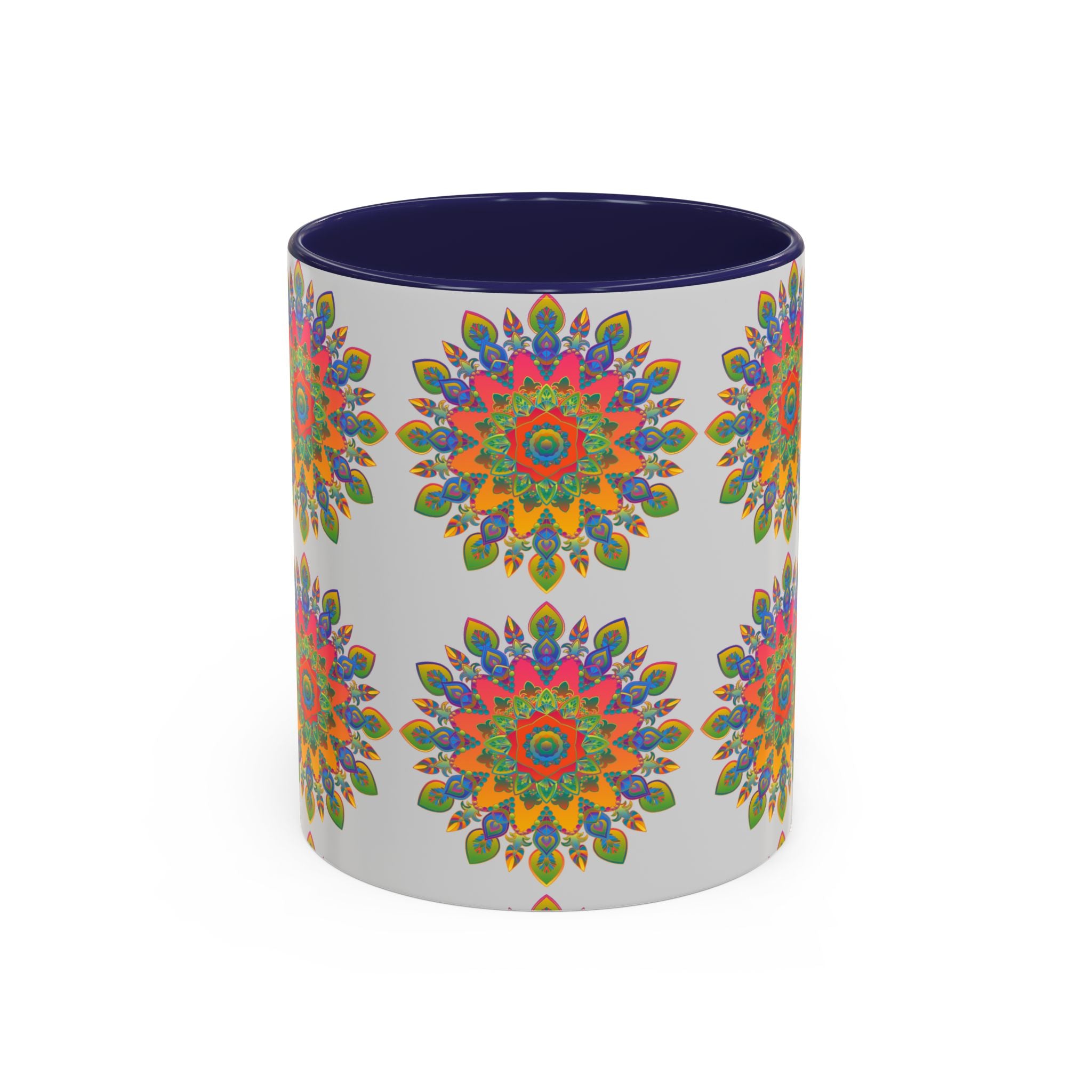 Colorful mandala mug featuring intricate, vibrant art on a grey background