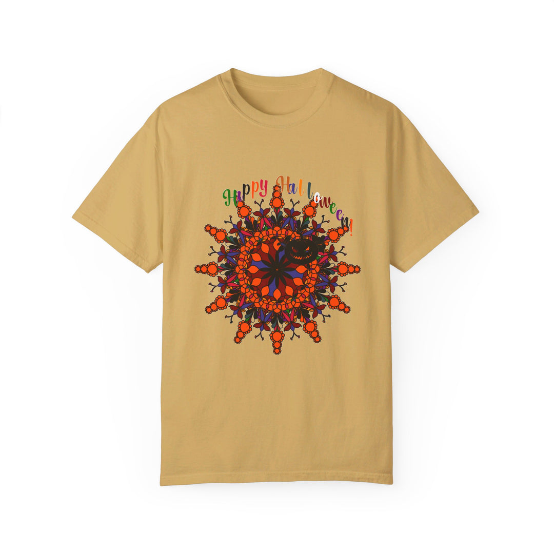 Handmade unisex Halloween Mandala T-shirt featuring intricate pumpkin mandala art on a garment-dyed tee