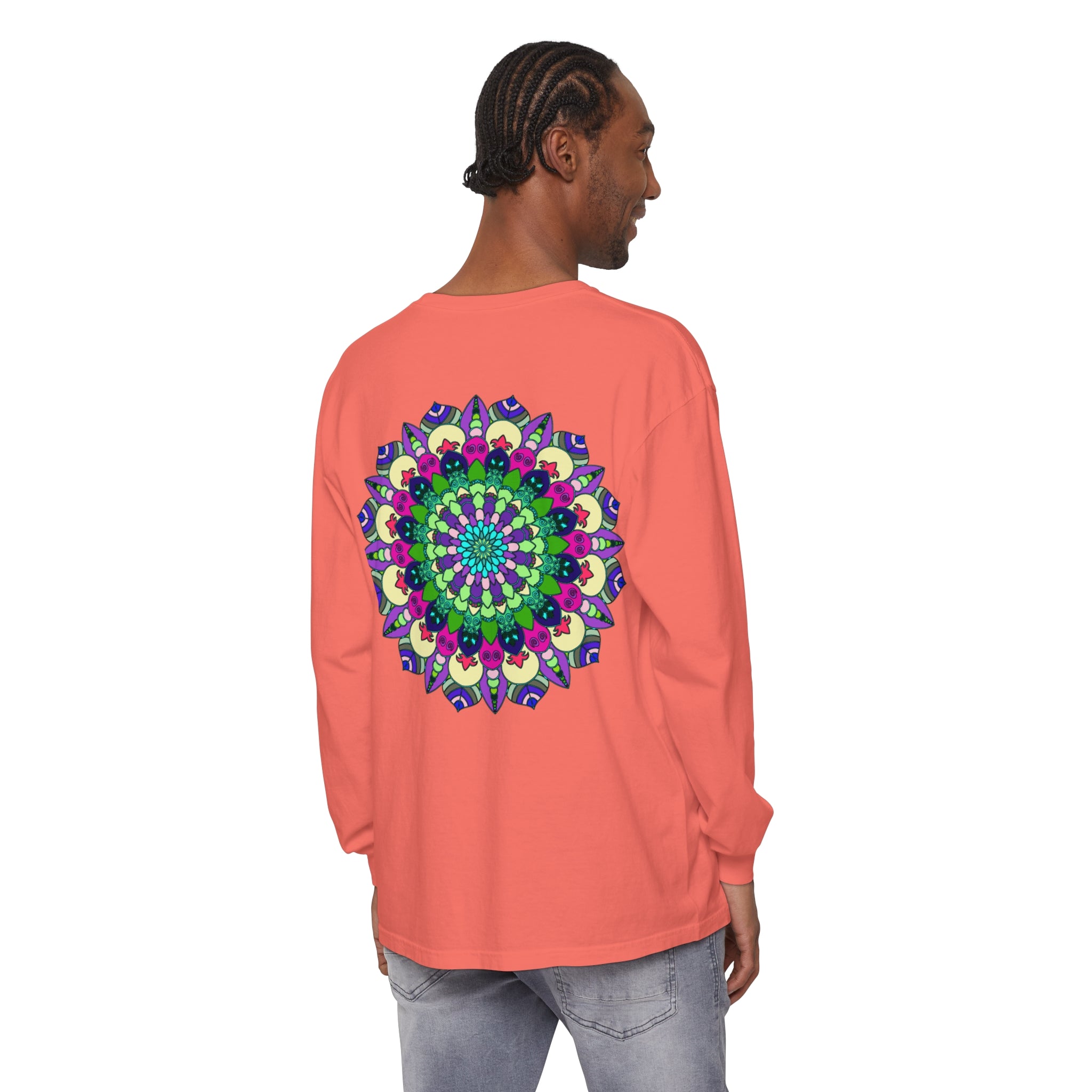 Beautiful and colorful long sleeve unisex t-shirt with vibrant mandala design