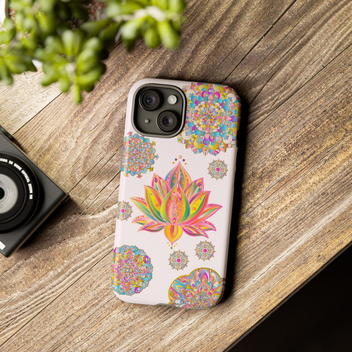 Beautiful light pink phone case with intricate mandala lotus flower design