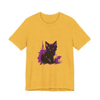 Schwarzes Katzenrätsel – Lila Farbspritzer-T-Shirt