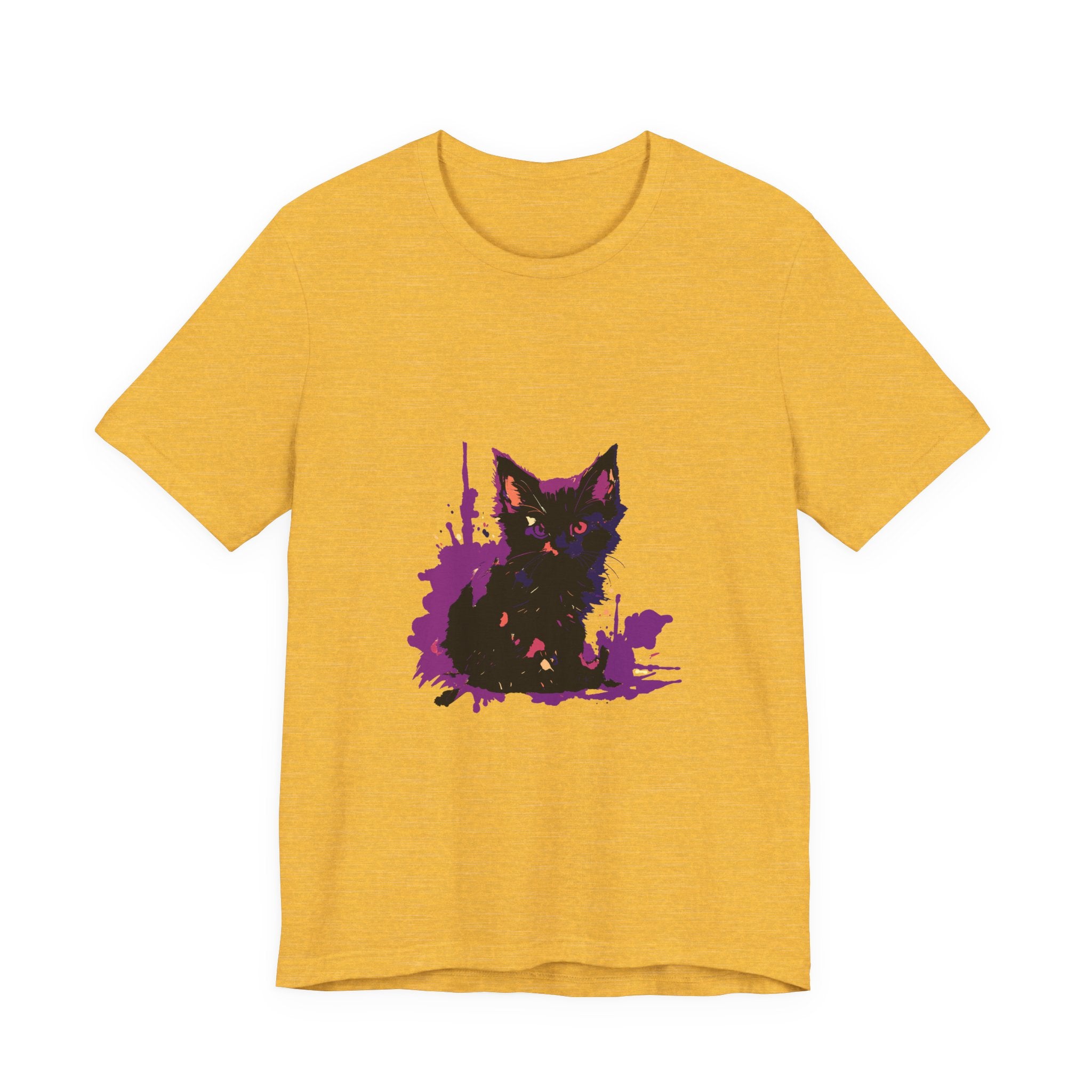 Schwarzes Katzenrätsel – Lila Farbspritzer-T-Shirt