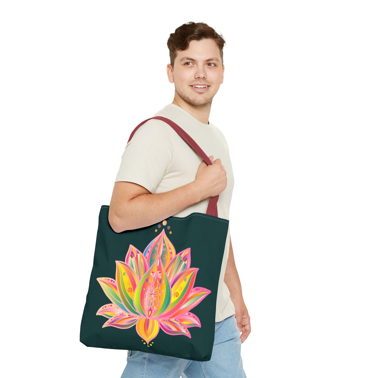 Beautiful and colorful Mandala Lotus Tote Bag with intricate design and spacious interior for all your essentials