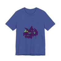 A close-up image of a Black Cat Mystery Colorful Paint Splatter T-Shirt, featuring vibrant and dynamic splashes of color on a black background, creating a visually striking and unique design