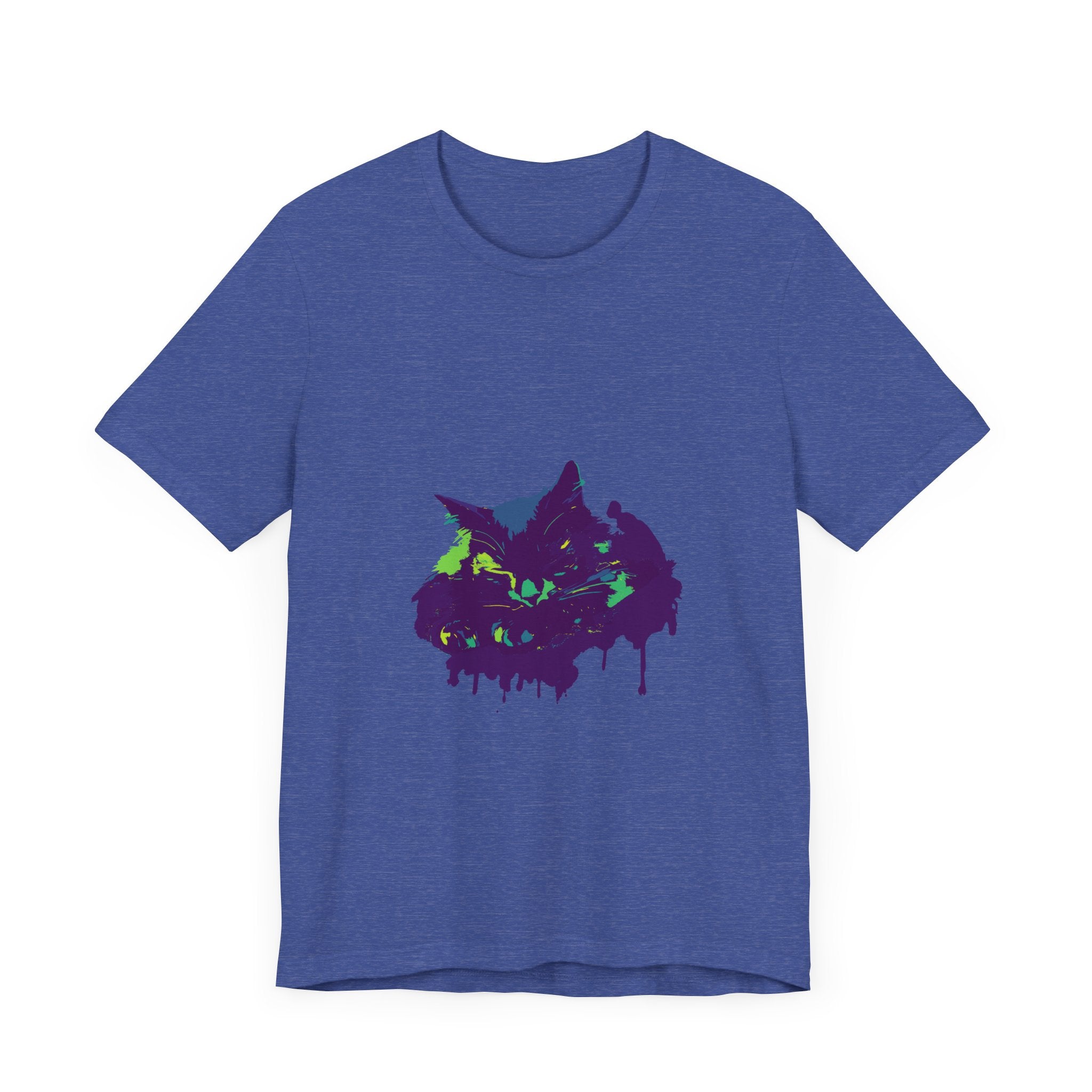 A close-up image of a Black Cat Mystery Colorful Paint Splatter T-Shirt, featuring vibrant and dynamic splashes of color on a black background, creating a visually striking and unique design
