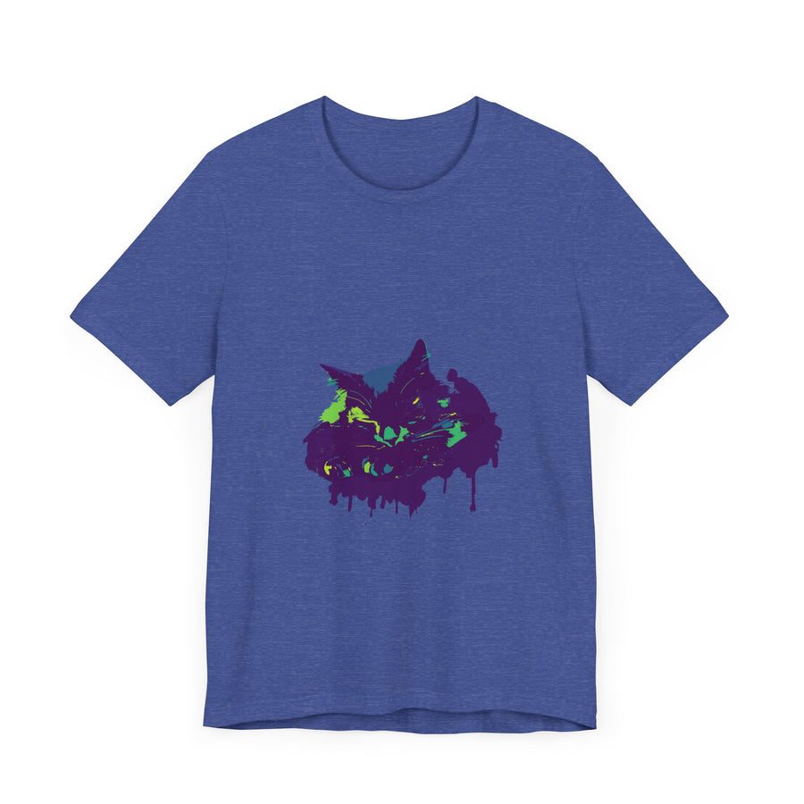 A close-up image of a Black Cat Mystery Colorful Paint Splatter T-Shirt, featuring vibrant and dynamic splashes of color on a black background, creating a visually striking and unique design