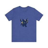 A black t-shirt with a playful and cute black cat illustration