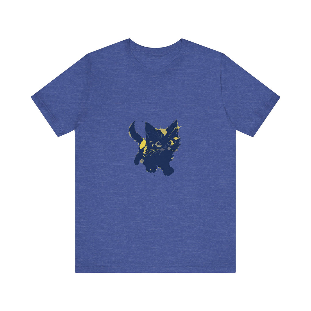 A black t-shirt with a playful and cute black cat illustration