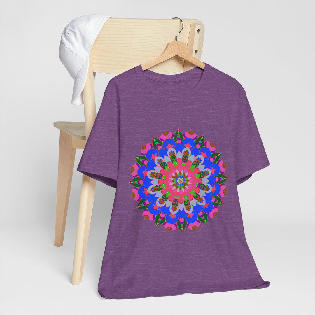 Vibrant and intricate mandala design t-shirt in various geometric shapes and bright colors