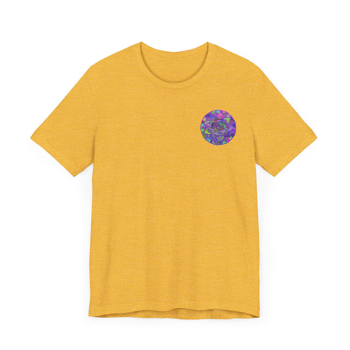 Colorful mandala tee with intricate design, promoting spiritual peace and harmony in vibrant hues