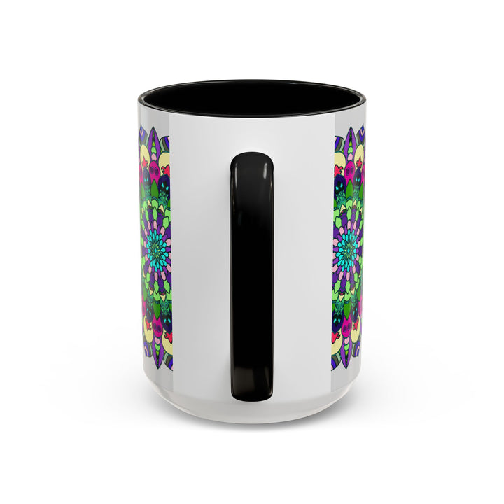 Colorful and spiritual mandala art mug with intricate design and vibrant colors