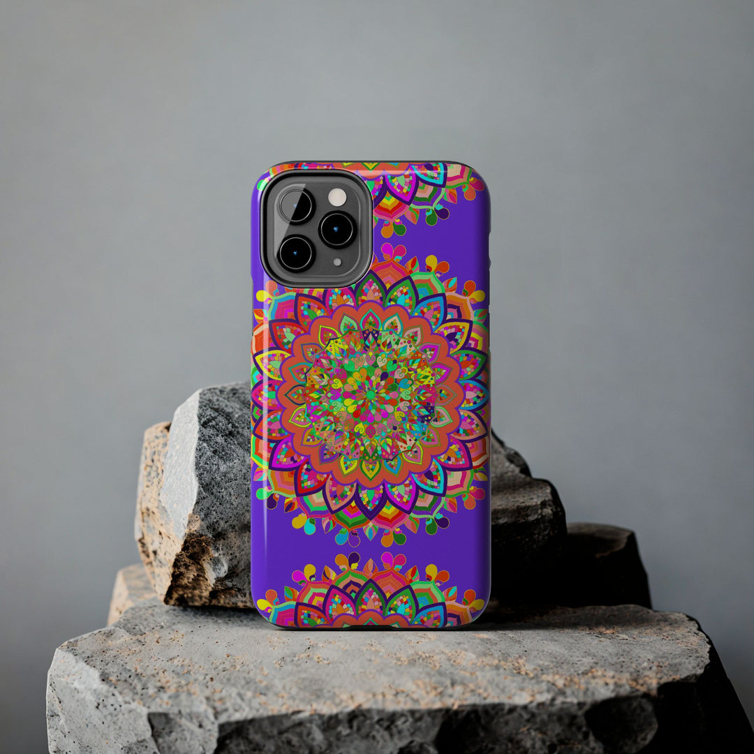 Hand-drawn purple mandala art phone case with intricate floral design