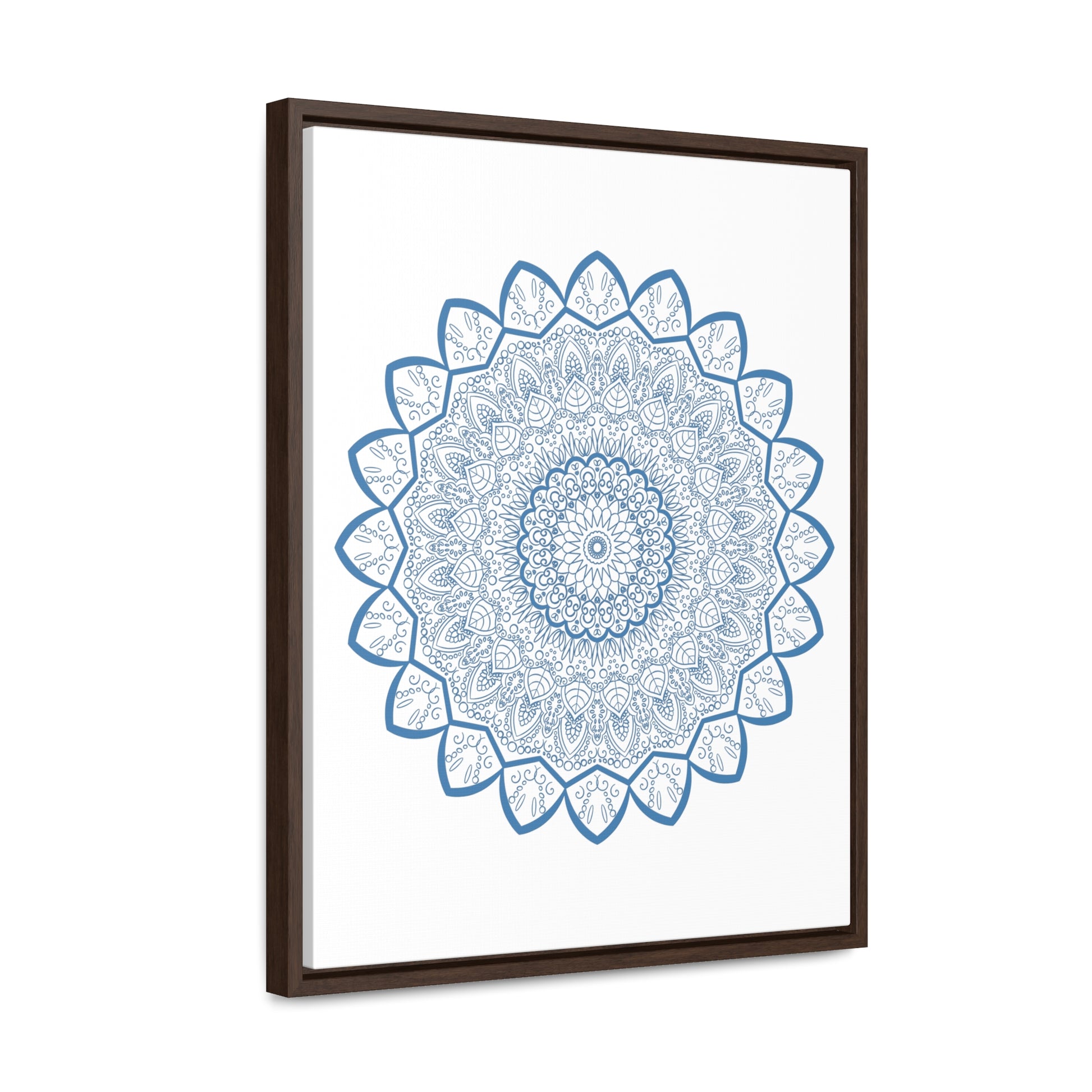 Handmade steel blue Mandala Design Wall Art displayed on gallery canvas wraps in a vertical frame