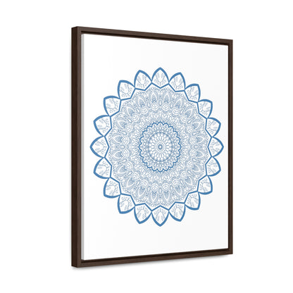 Handmade steel blue Mandala Design Wall Art displayed on gallery canvas wraps in a vertical frame