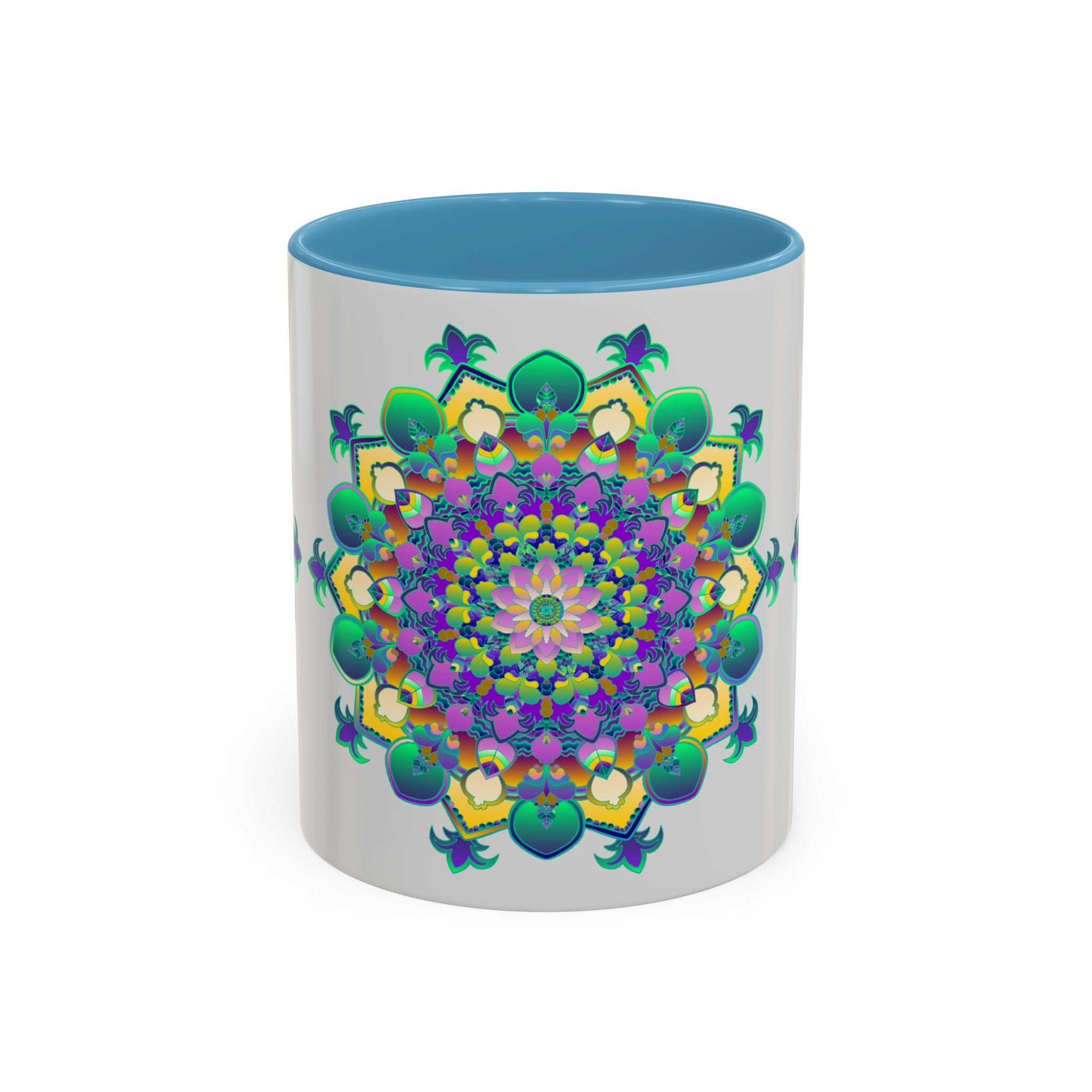 Mug with a detailed mandala design in shades of grey and colorful accents