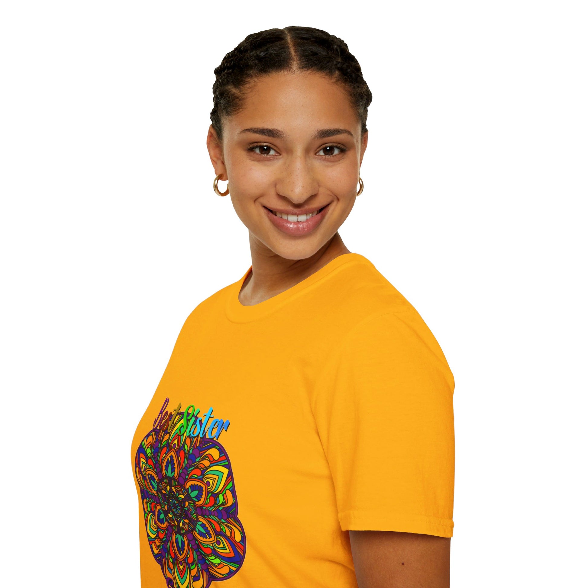 Colorful mandala art design on a softstyle unisex t-shirt, perfect gift for sister