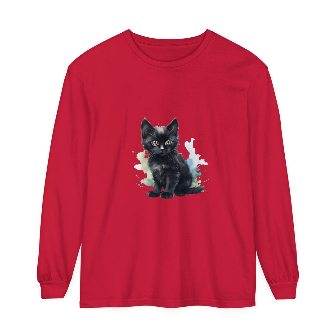 Beautiful black kitten watercolor design on a comfortable long sleeve t-shirt