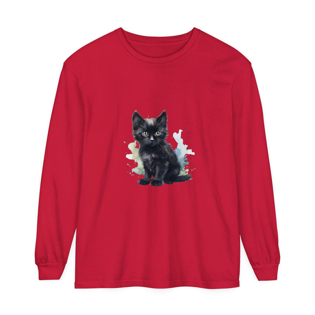 Beautiful black kitten watercolor design on a comfortable long sleeve t-shirt