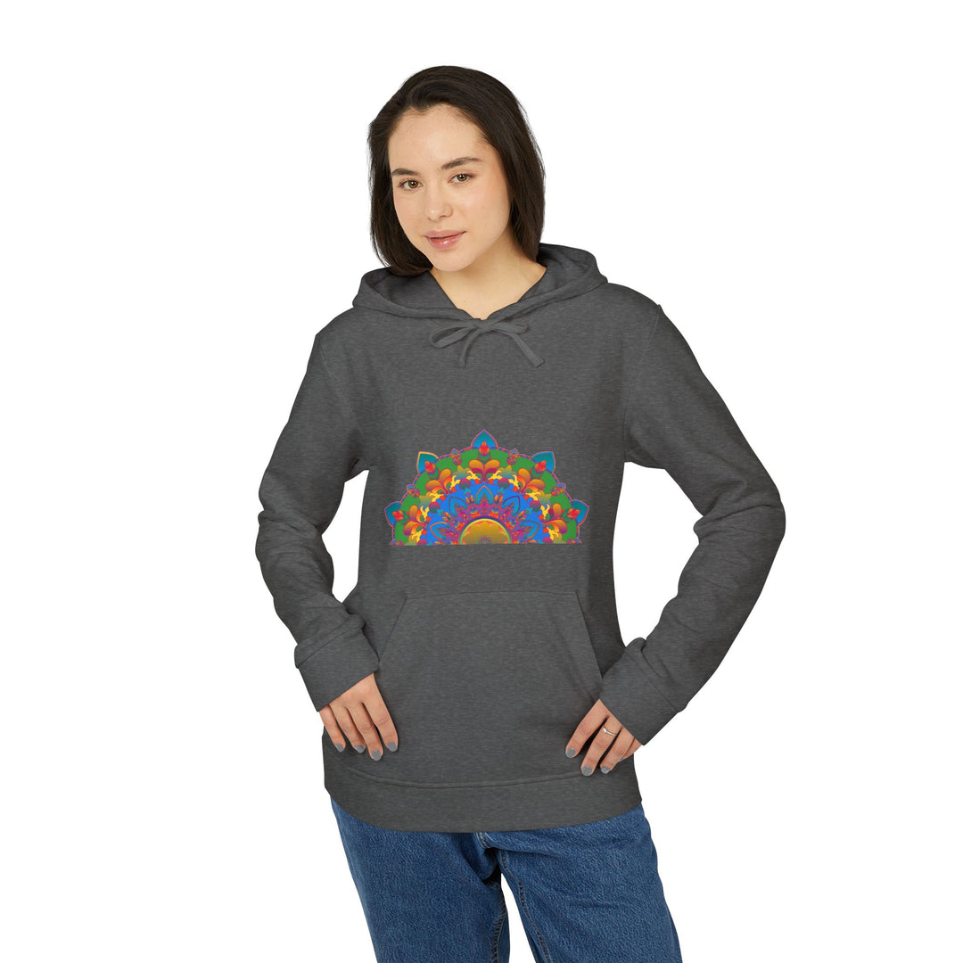 A close-up image of a cozy and stylish Blululi Mandala Fleece Hoodie in a beautiful mandala pattern, perfect for staying warm and fashionable in the colder months