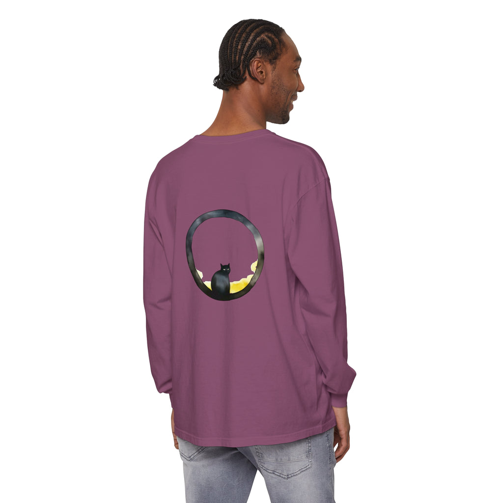 Black Cat Moon Glow Long Sleeve T-Shirt: A black long sleeve t-shirt with a glowing moon and a mysterious black cat design