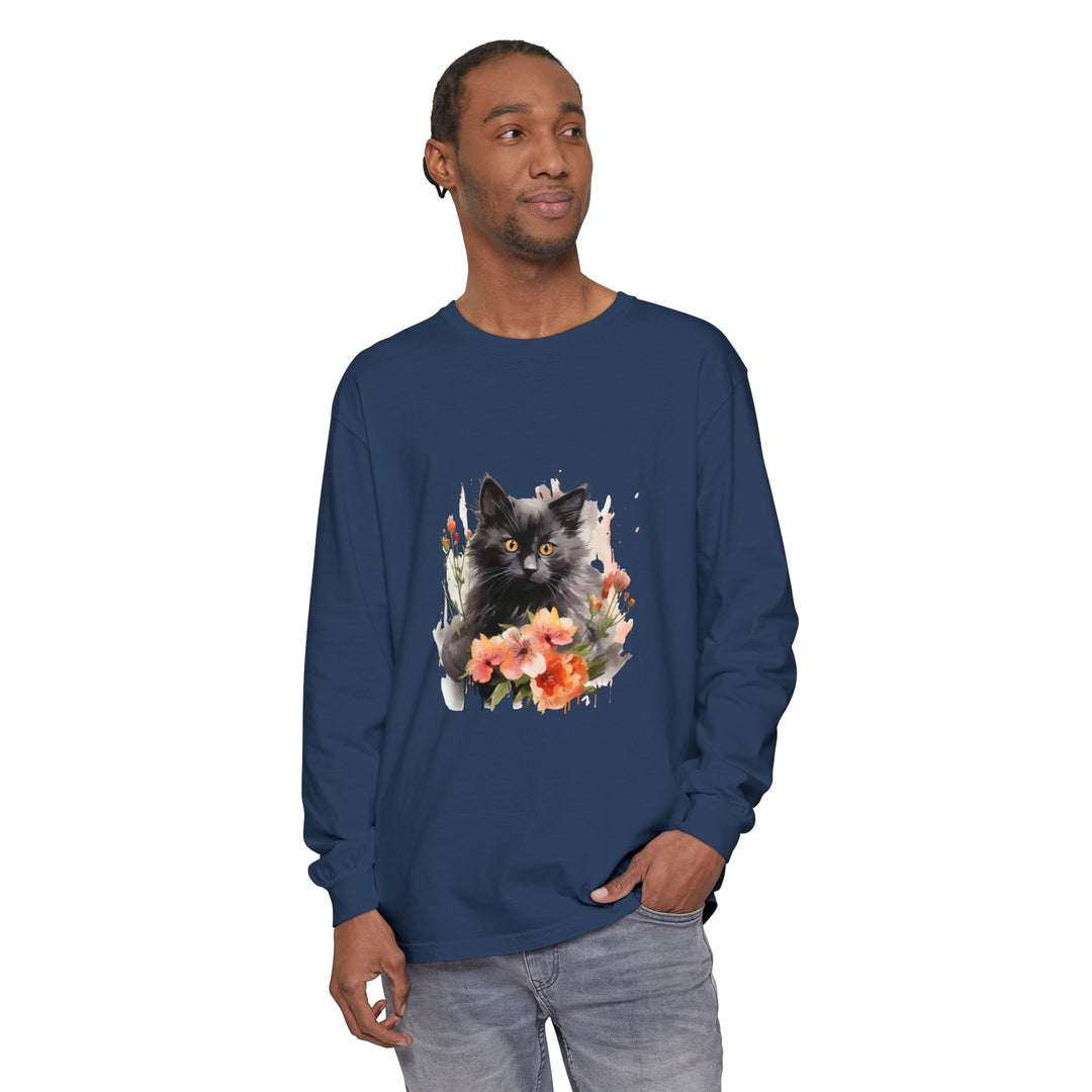 Beautiful watercolor t-shirt featuring a black cat surrounded by colorful flowers