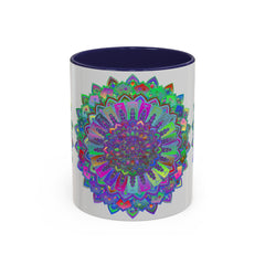 Colorful mandala art mug with intricate design in vibrant reds and blues
