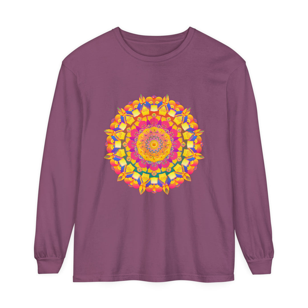 Vibrant and detailed long sleeve t-shirt featuring a colorful psychedelic mandala design