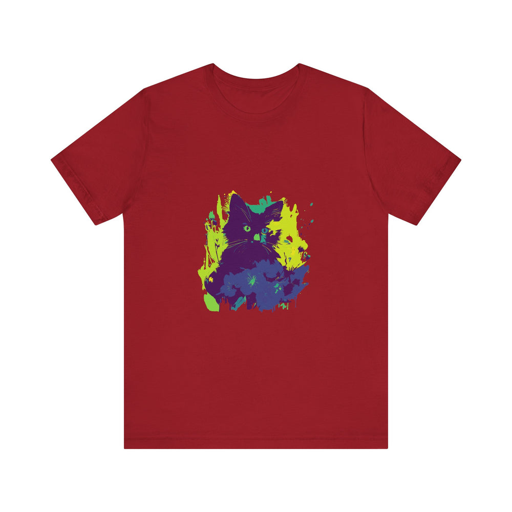 A stylish and unique abstract t-shirt featuring a mysterious black cat design